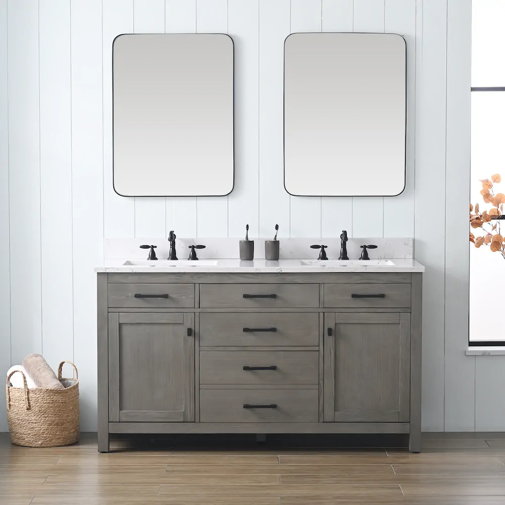 JASPER 60" Textured Gray Double Sink Vanity With Carrara White Top | Sudio Design