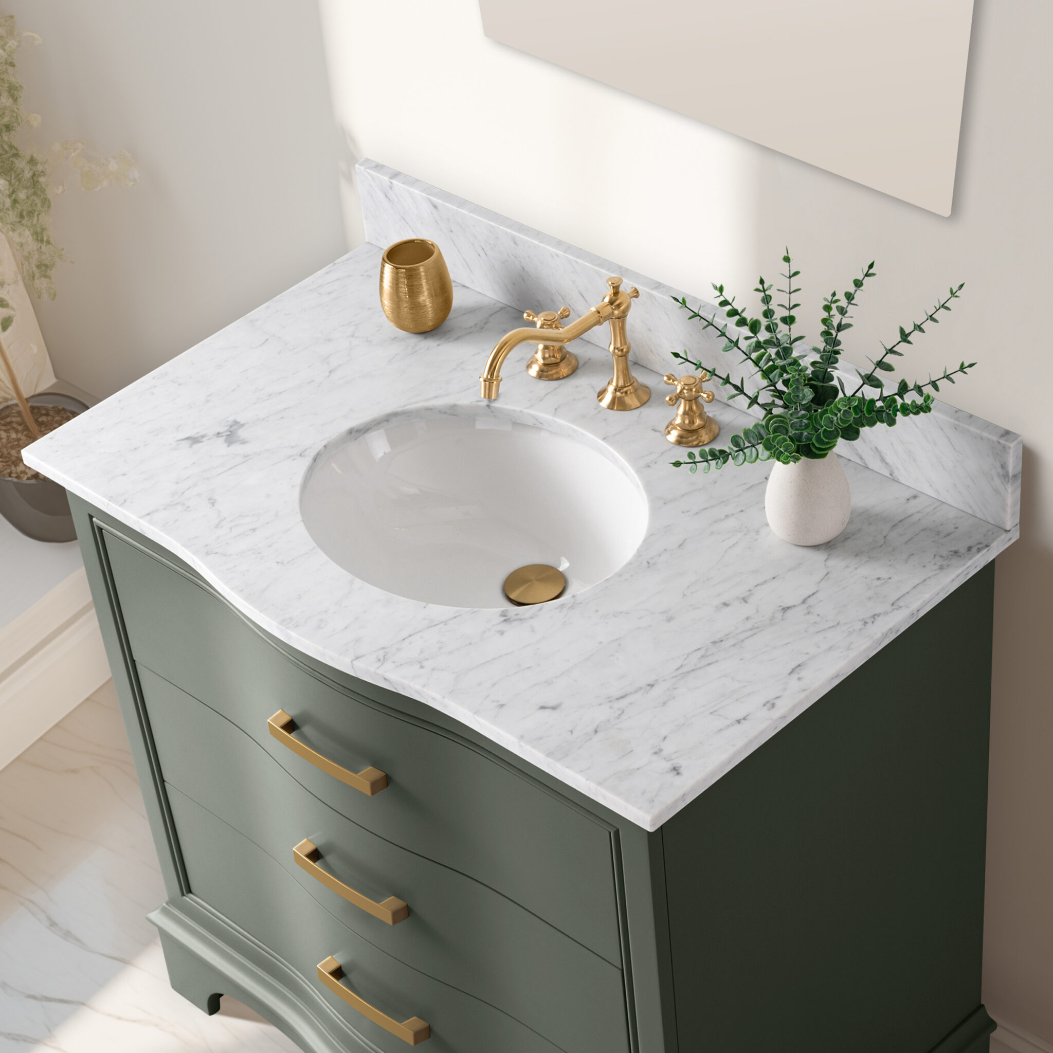 MONROE 36" Vintage Green Vanity With Carrara White Top | Sudio Design